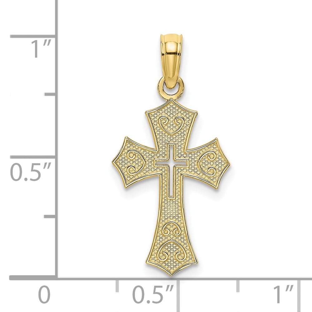 10K Yellow Gold Textured Medium Cut-Out Center Budded Cross Charm