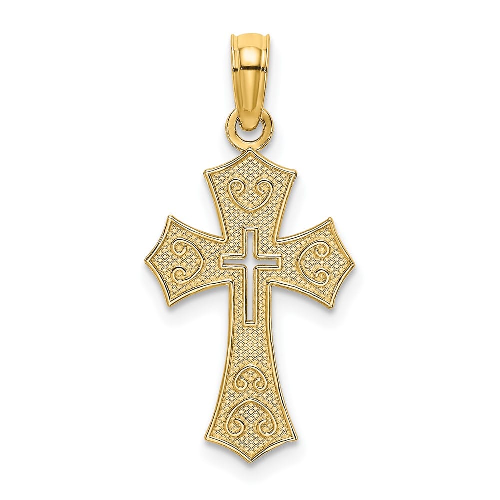 10K Yellow Gold Textured Medium Cut-Out Center Budded Cross Charm