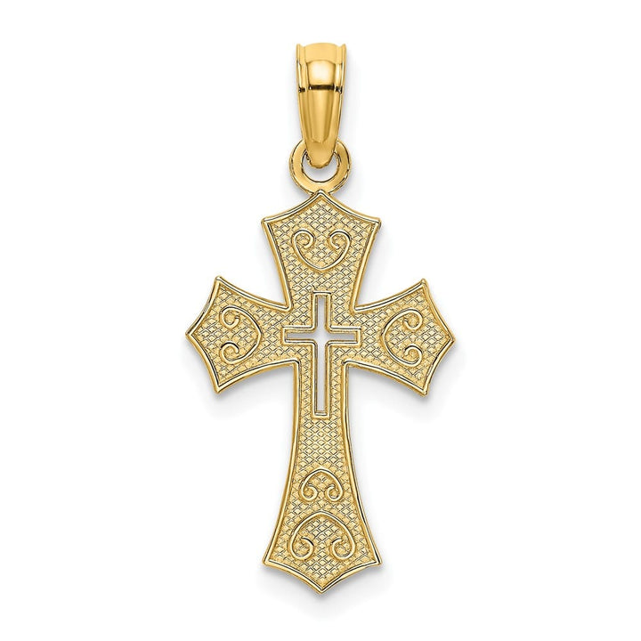 10K Yellow Gold Textured Medium Cut-Out Center Budded Cross Charm