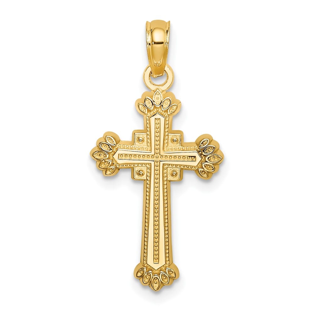 10K Yellow Gold Textured Medium Leaves on Edges Passion Cross Charm