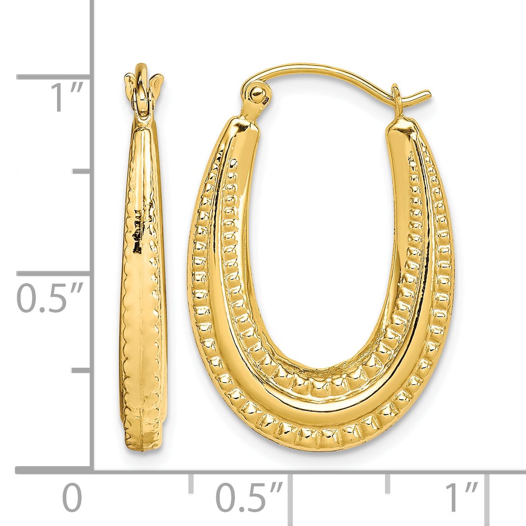 10k Yellow Gold Textured Oval Hollow Hoop Earrings, 25mm