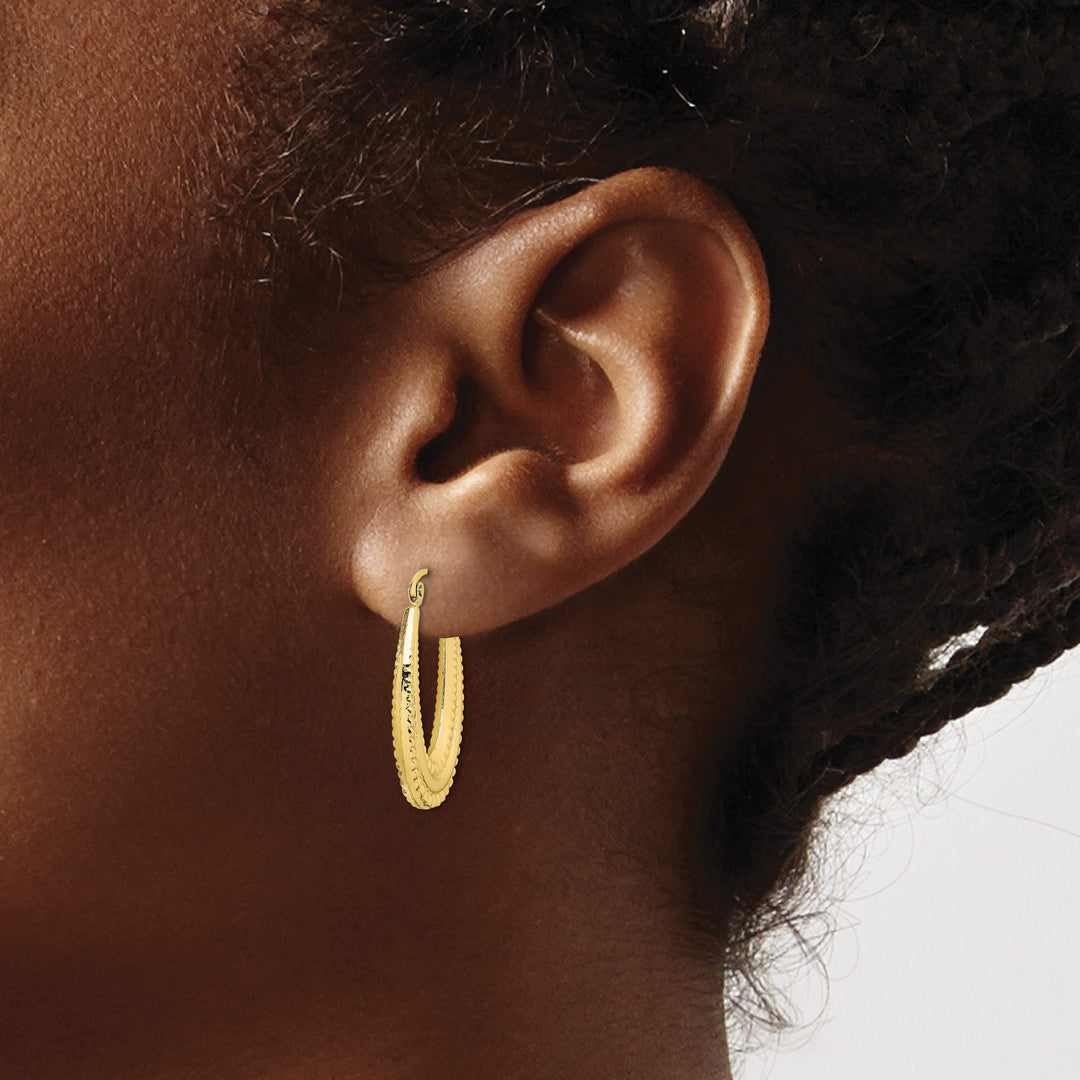 10k Yellow Gold Textured Oval Hollow Hoop Earrings, 25mm
