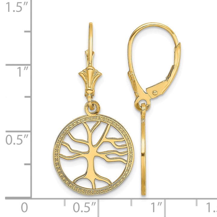 10k Yellow Gold Tree of Life In Round Frame Leverback Earrings