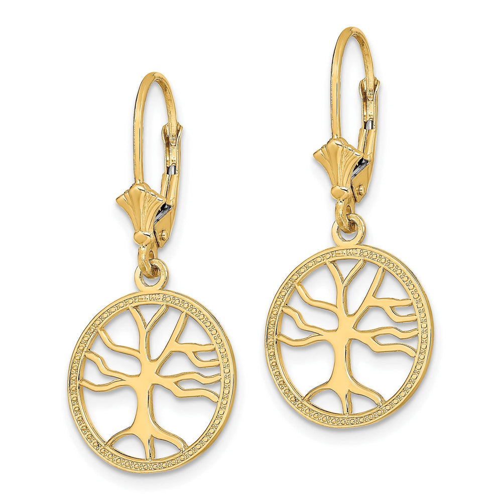 10k Yellow Gold Tree of Life In Round Frame Leverback Earrings