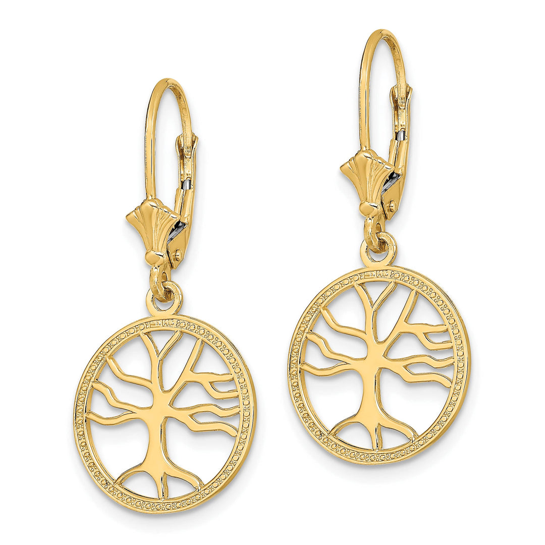 10k Yellow Gold Tree of Life In Round Frame Leverback Earrings