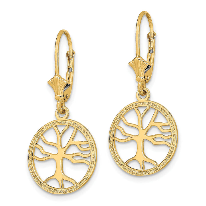 10k Yellow Gold Tree of Life In Round Frame Leverback Earrings