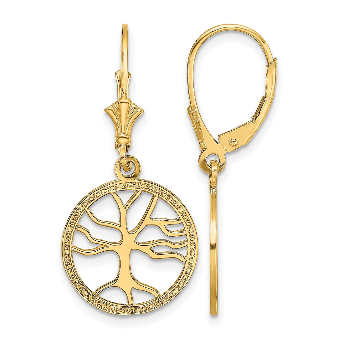 10k Yellow Gold Tree of Life In Round Frame Leverback Earrings