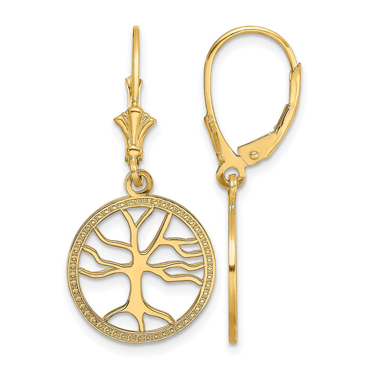 10k Yellow Gold Tree of Life In Round Frame Leverback Earrings