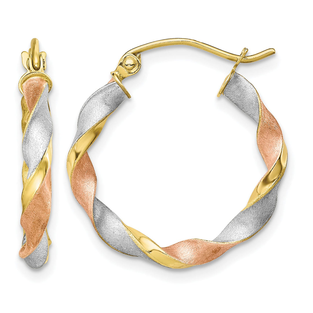 10k Yellow Gold with White and Rose Rhodium Satin Twisted Round Hoop Earrings