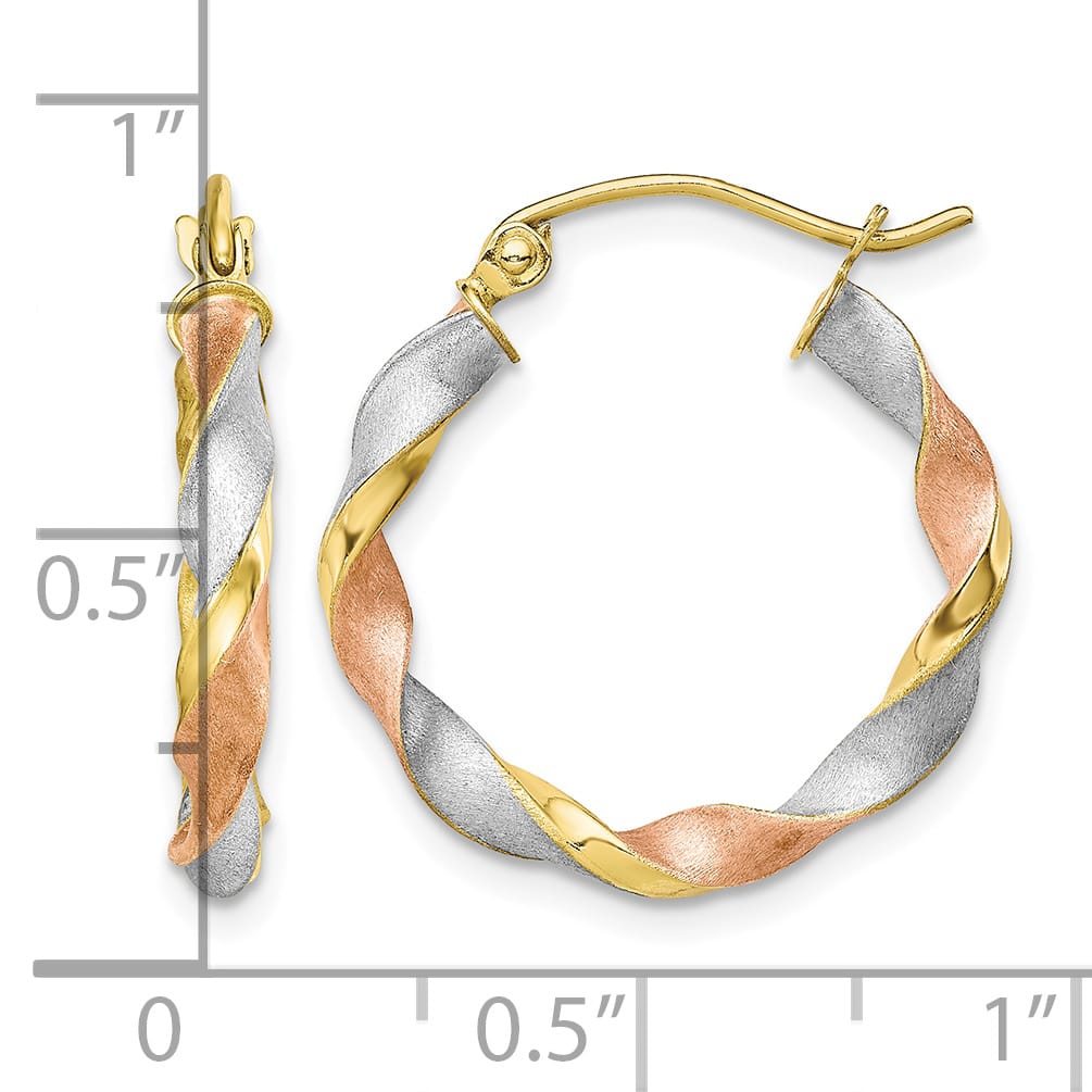 10k Yellow Gold with White and Rose Rhodium Satin Twisted Round Hoop Earrings