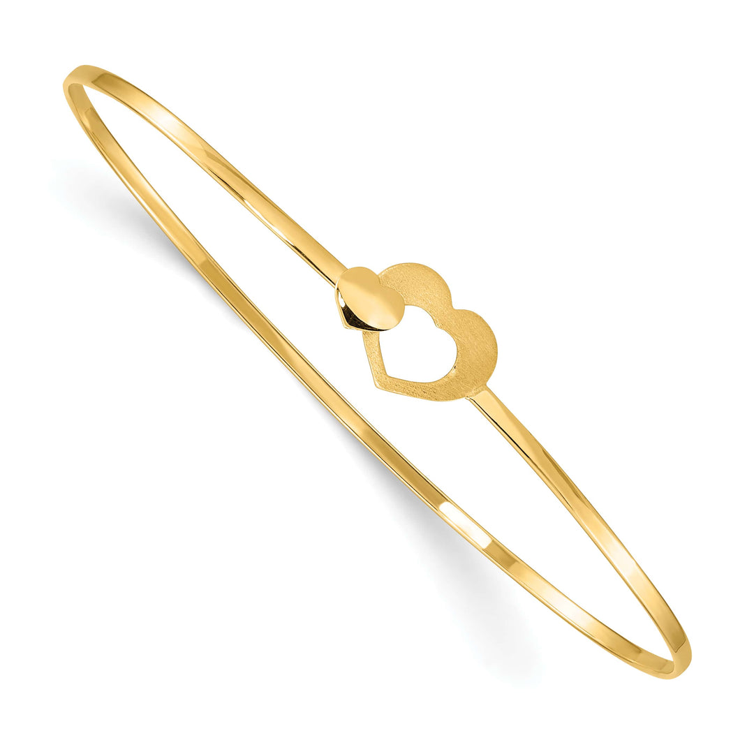 14K Brushed and Two Hearts Clasp 1.60mm Flexible Oval Bangle Bracelet