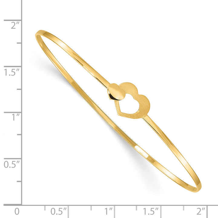 14K Brushed and Two Hearts Clasp 1.60mm Flexible Oval Bangle Bracelet