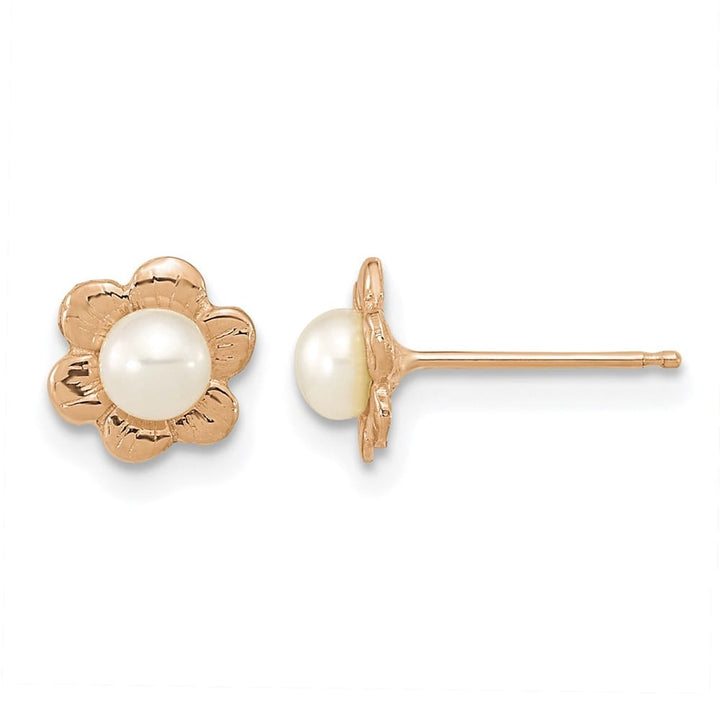 14K Rose Gold 3-4mm White Button Freshwater Pearl Flower Post Earrings
