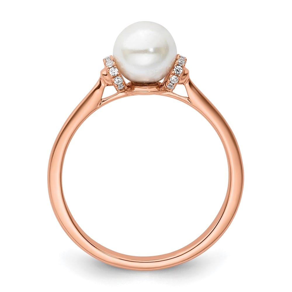 14k Rose Gold Diamond and White Freshwater Cultured Pearl Ring Size 7