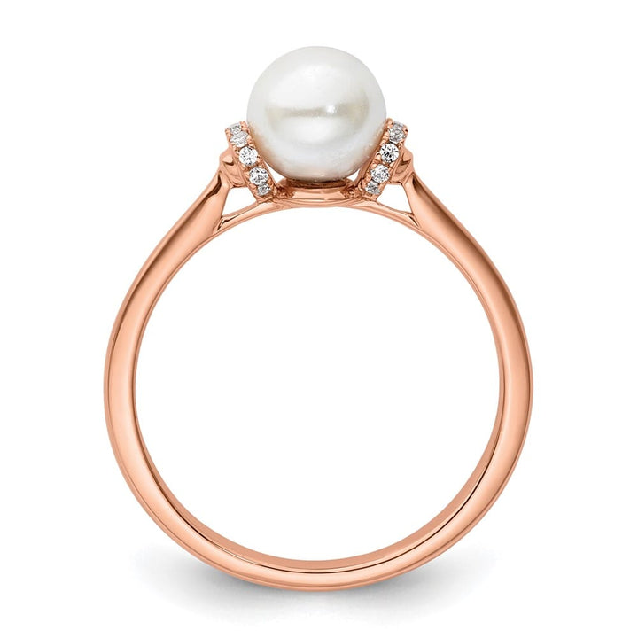 14k Rose Gold Diamond and White Freshwater Cultured Pearl Ring Size 7