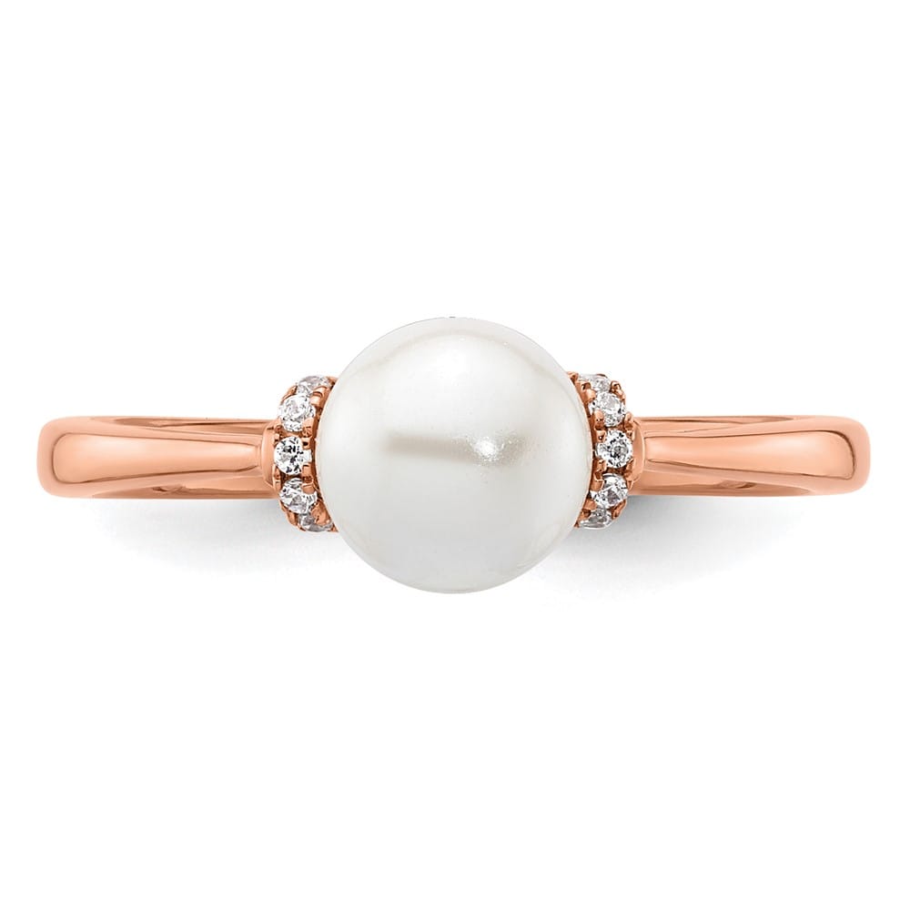 14k Rose Gold Diamond and White Freshwater Cultured Pearl Ring Size 7