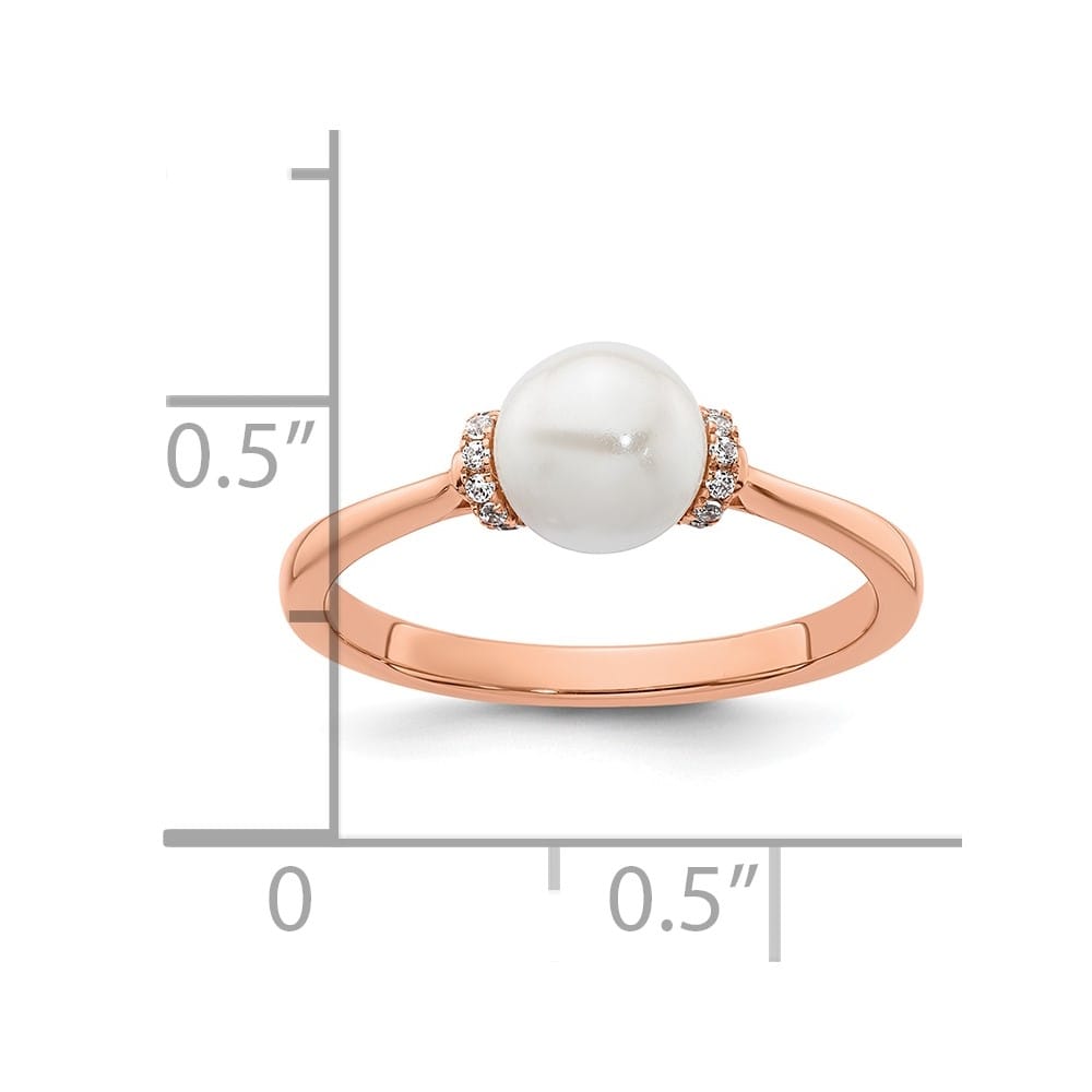 14k Rose Gold Diamond and White Freshwater Cultured Pearl Ring Size 7