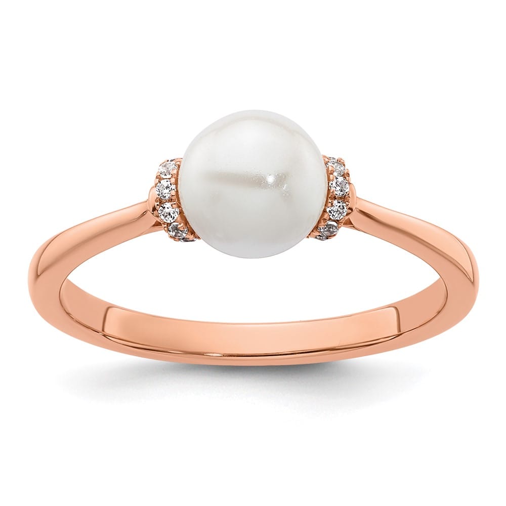 14k Rose Gold Diamond and White Freshwater Cultured Pearl Ring Size 7