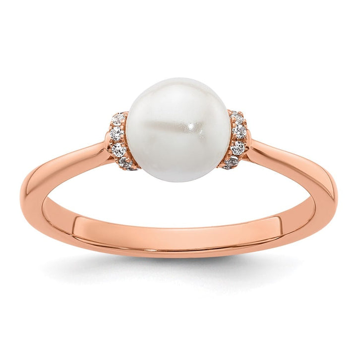 14k Rose Gold Diamond and White Freshwater Cultured Pearl Ring Size 7