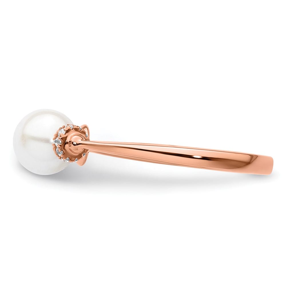 14k Rose Gold Diamond and White Freshwater Cultured Pearl Ring Size 7
