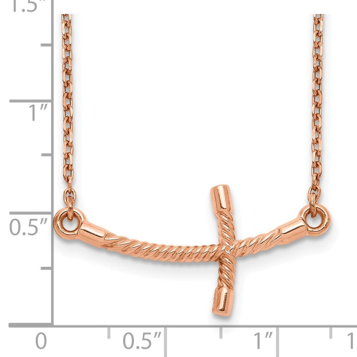 14K Rose Gold Large Sideways Curved Twist Cross 19 inch Necklace