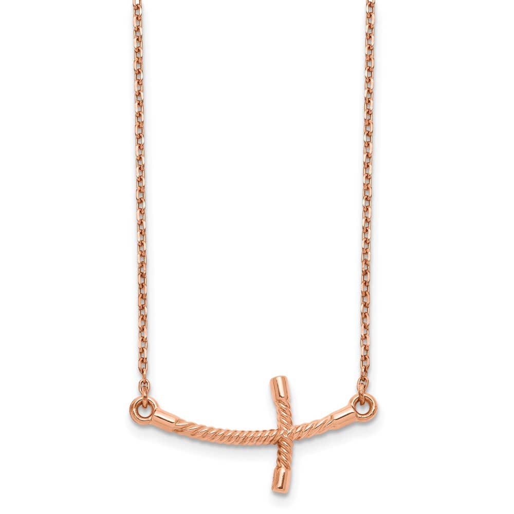 14K Rose Gold Large Sideways Curved Twist Cross 19 inch Necklace
