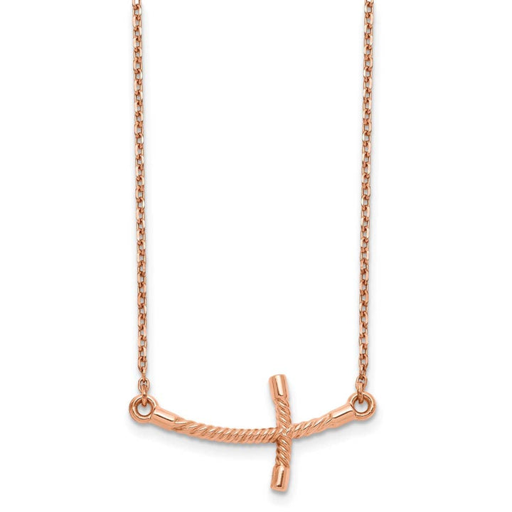14K Rose Gold Large Sideways Curved Twist Cross 19 inch Necklace