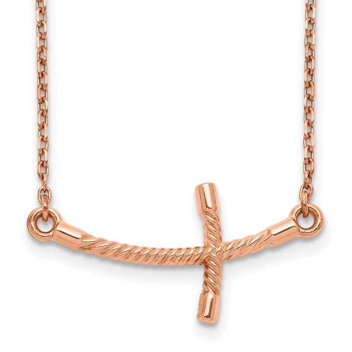 14K Rose Gold Large Sideways Curved Twist Cross 19 inch Necklace