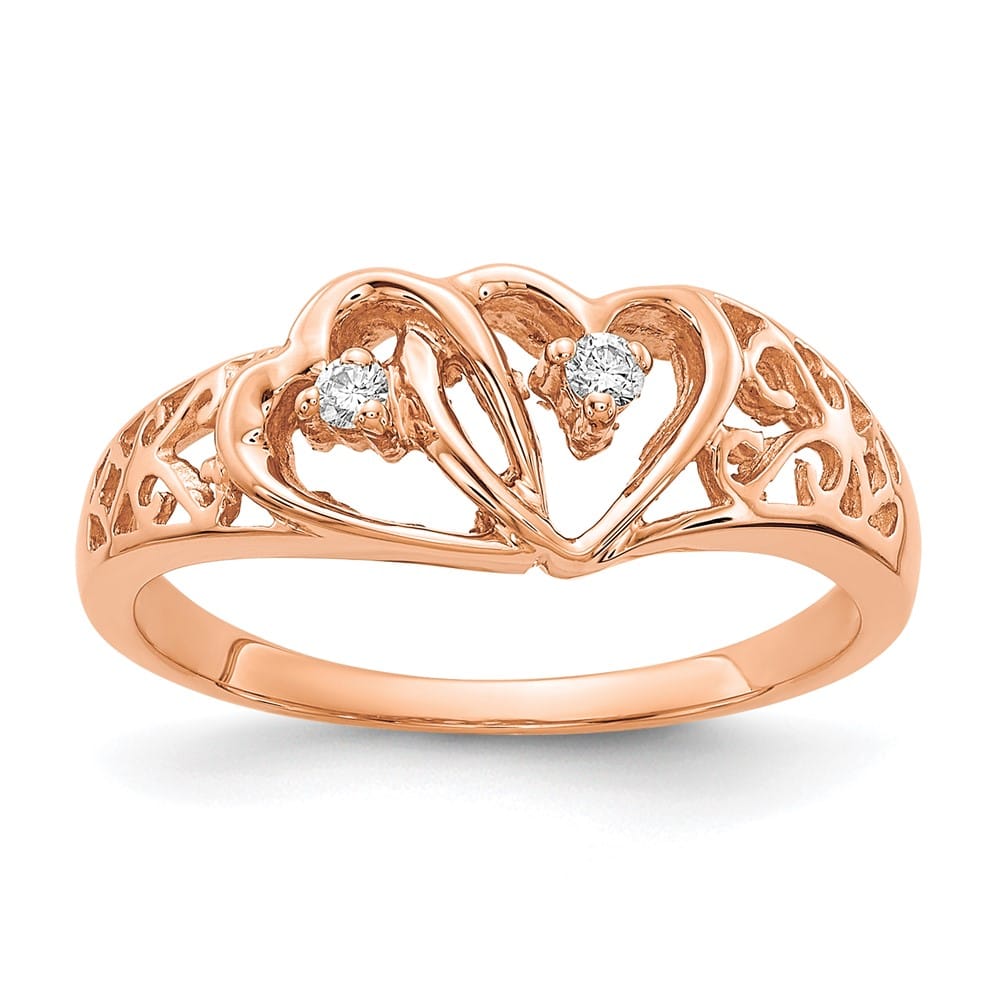 14k Rose Gold Polished 1/20 Carat I2 Diamond Two Hearts Ring