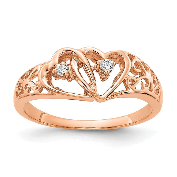 14k Rose Gold Polished 1/20 Carat I2 Diamond Two Hearts Ring