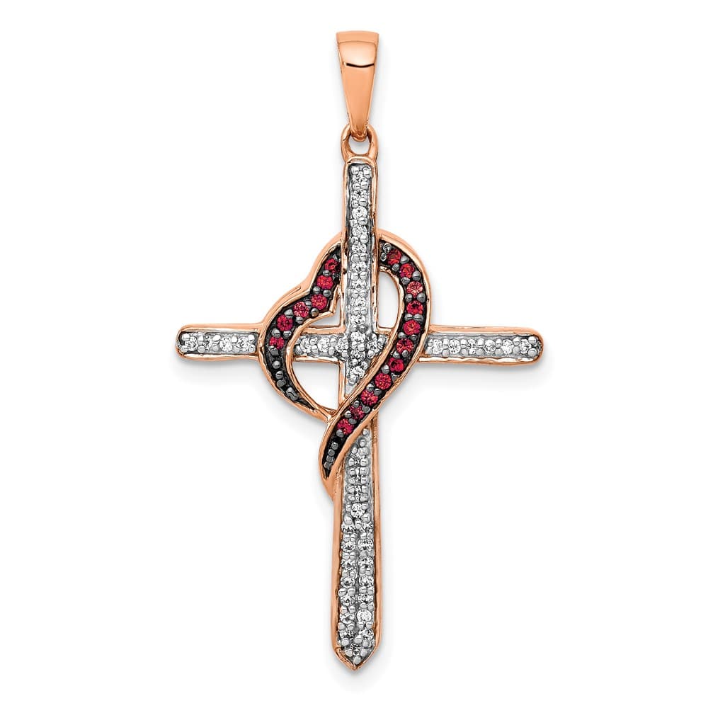 14K Rose Gold Red and White 1/4 CT Diamond Cross with Heart Pendant