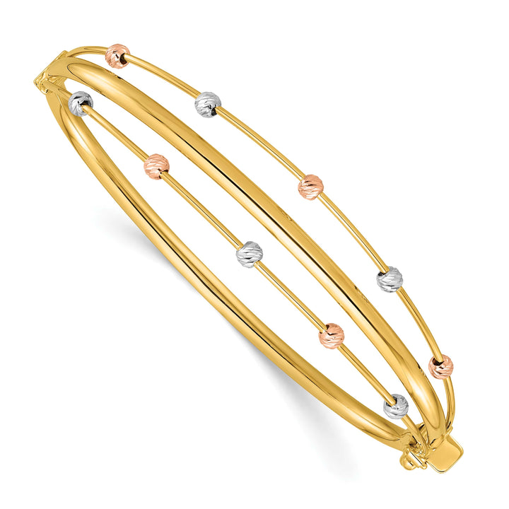 14k Tri-color 3-Row Diamond-cut Beaded Hinged Oval Bangle Bracelet