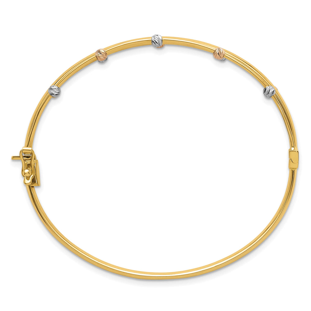 14k Tri-color 3-Row Diamond-cut Beaded Hinged Oval Bangle Bracelet