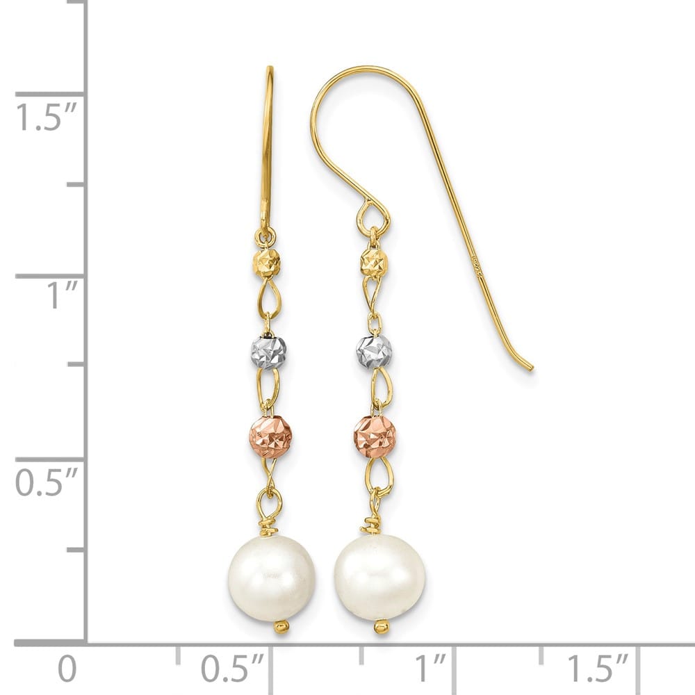 14K Tri-color 6-7mm White Semi-round Freshwater Pearl and Earrings