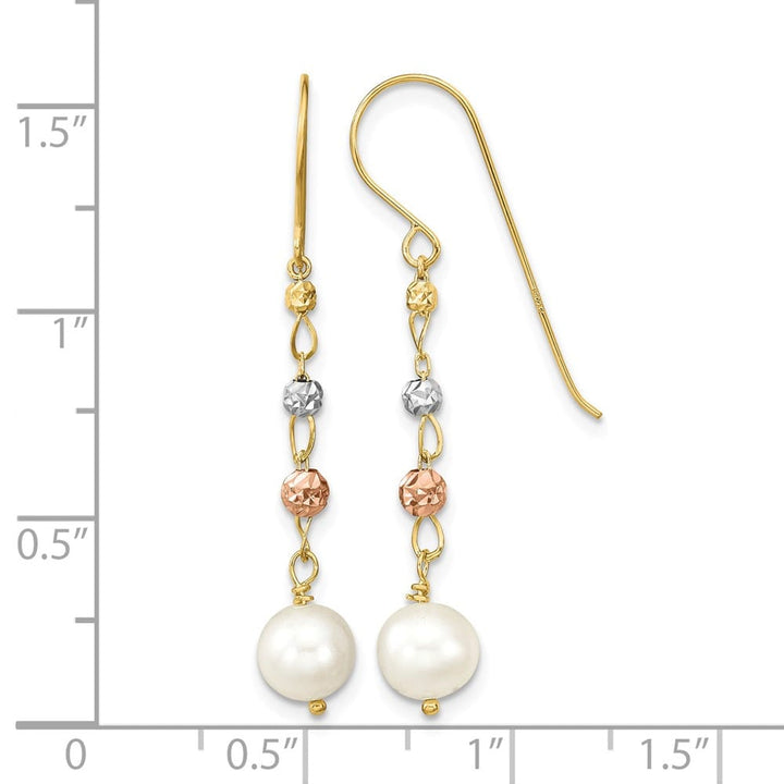 14K Tri-color 6-7mm White Semi-round Freshwater Pearl and Earrings
