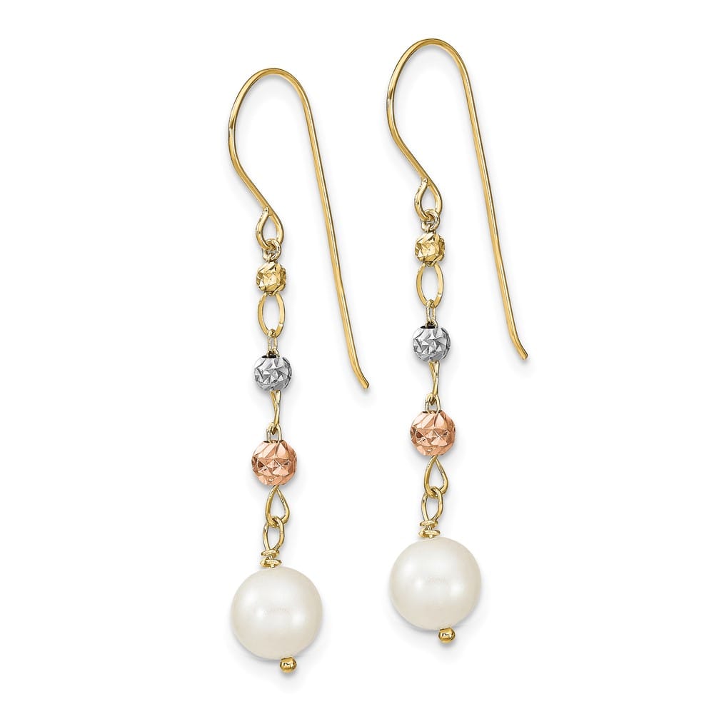 14K Tri-color 6-7mm White Semi-round Freshwater Pearl and Earrings
