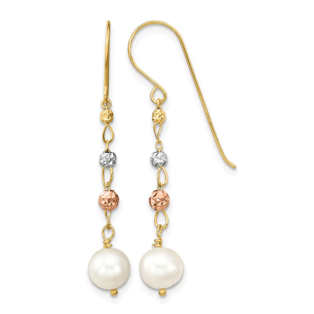 14K Tri-color 6-7mm White Semi-round Freshwater Pearl and Earrings