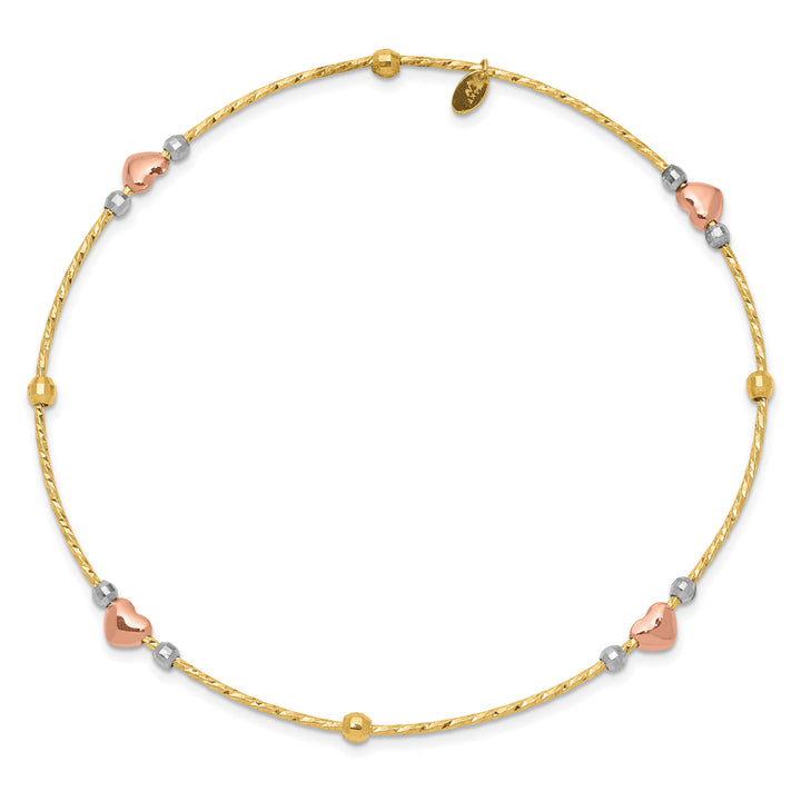 14k Tri-color Diamond-cut Hearts and Beads Slip-on Round Bangle