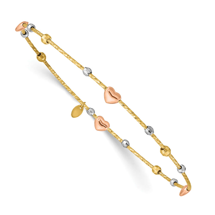14k Tri-color Diamond-cut Hearts and Beads Slip-on Round Bangle