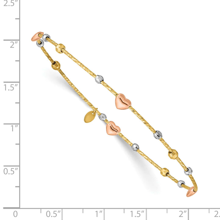 14k Tri-color Diamond-cut Hearts and Beads Slip-on Round Bangle
