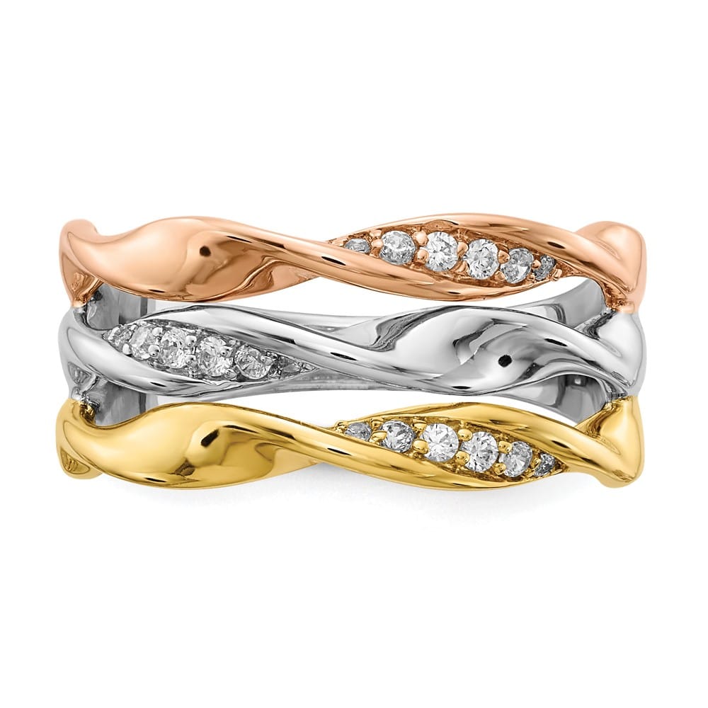 14k Tri-Color Gold 1/6 Carat Diamond Fancy Triple-Strand Twist Ring