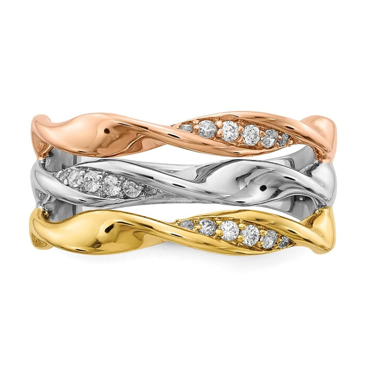 14k Tri-Color Gold 1/6 Carat Diamond Fancy Triple-Strand Twist Ring
