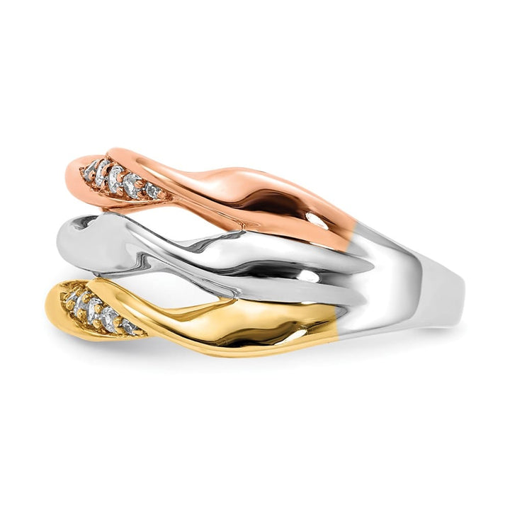 14k Tri-Color Gold 1/6 Carat Diamond Fancy Triple-Strand Twist Ring