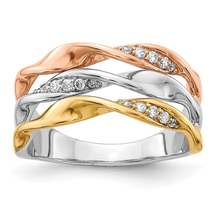 14k Tri-Color Gold 1/6 Carat Diamond Fancy Triple-Strand Twist Ring