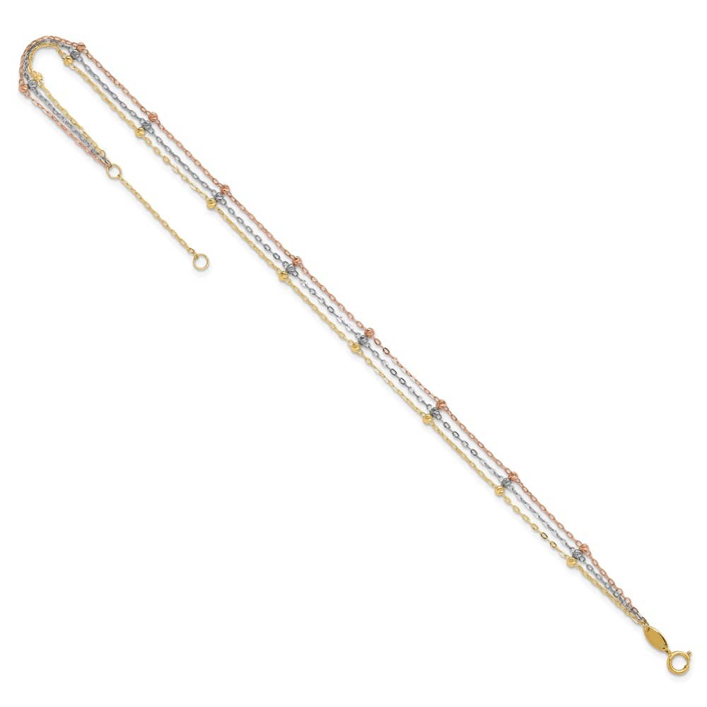 14K Tri-Color Gold 3-Strand D.C. Beaded 9-Station Anklet