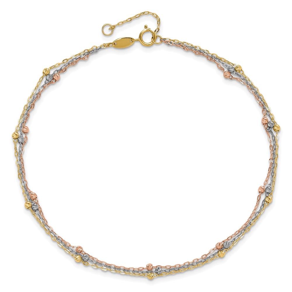 14K Tri-Color Gold 3-Strand D.C. Beaded 9-Station Anklet