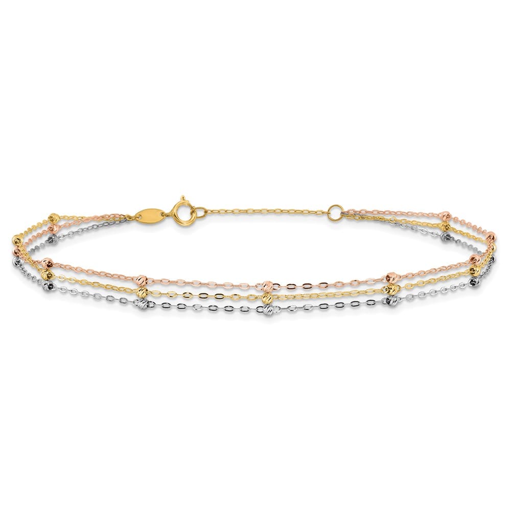 14K Tri-Color Gold 3-Strand D.C. Beaded 9-Station Anklet