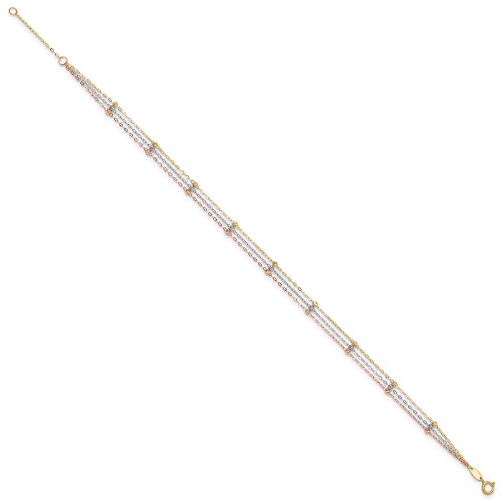14K Tri-Color Gold 3-Strand D.C. Beaded 9-Station Anklet