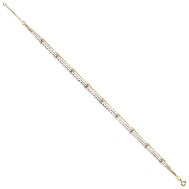 14K Tri-Color Gold 3-Strand D.C. Beaded 9-Station Anklet