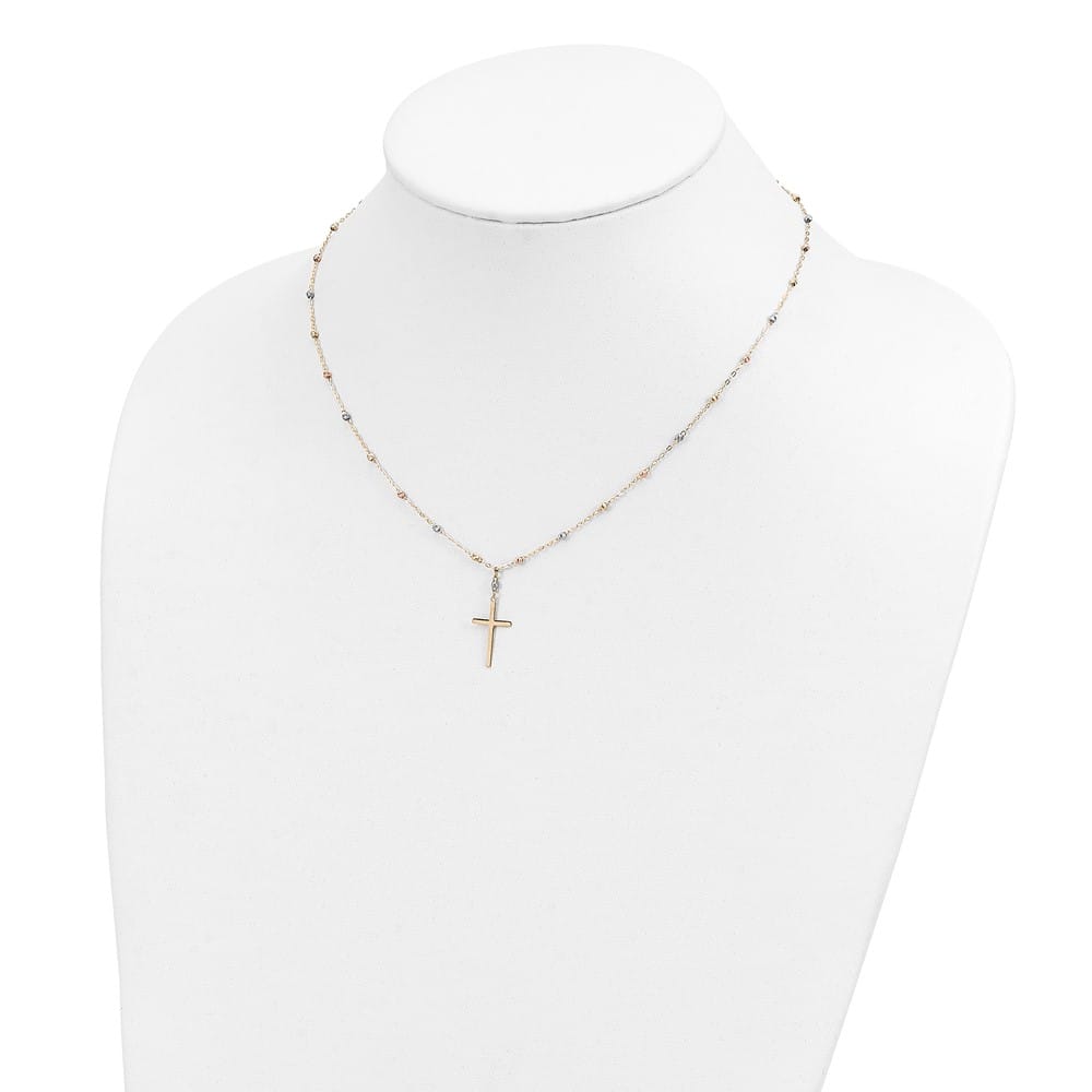 14K Tri-Color Gold Beaded Chain with Cross Pendant 17 inch Necklace